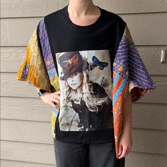 Colorful Patchwork Kimono with Graphic Tee - Picture 2 of 3